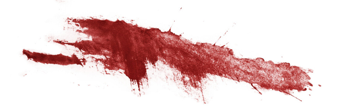 Red blood splatter and smear mark, isolated on transparent cutout background
