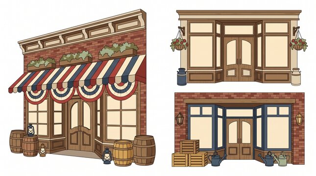 Colorful storefronts with awnings and windows.