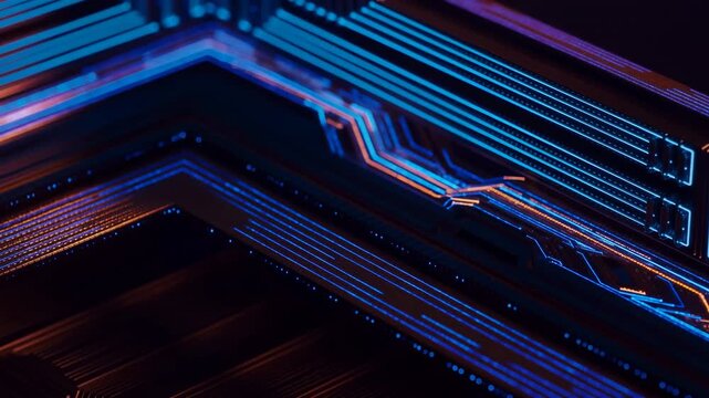 Close-up illuminated circuit substrate with glowing blue traces, warm orange highlights, layered chevron ridges, glossy texture, and diagonal composition for modern technology concept