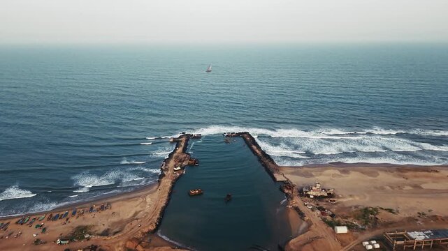An aerial view of the seawater intake channel of a desalination plant in Chennai, India in July 2026