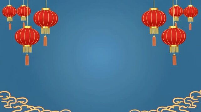 Red lanterns hanging with golden clouds during a celebratory Asian festival with soft blue background