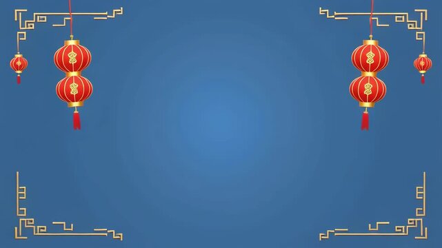 Red lanterns sway gently during a peaceful festival celebration against a gradient blue backdrop with ornate corner accents