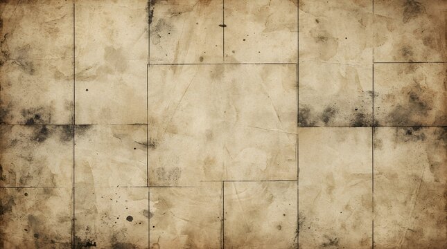 Vintage aged paper texture with dark ink stains and a grid of rectangular panels creating a structured antique document background, for projects