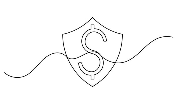Dollar sign inside a protective shield icon motion graphics continuous one line drawing on white background minimalist single art fintech security and banking protection symbol animation video