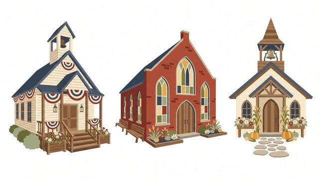 Three small church buildings side by side.