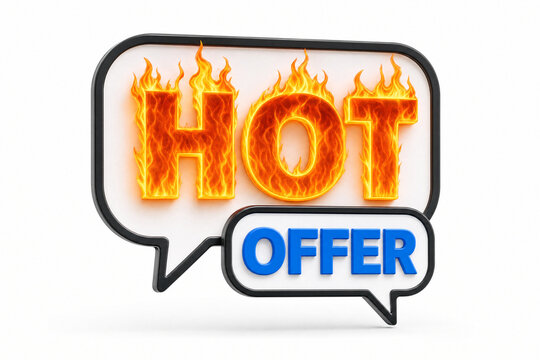 A single speech bubble features the word "HOT" surrounded by flickering orange flames. A second, smaller speech bubble below it contains the word "OFFER" in solid blue. Symbolizing a special promotion