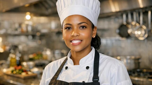 A female chef wearing a white chef's jacket and black apron, standing with her hands on her hips, smiling at the camera.