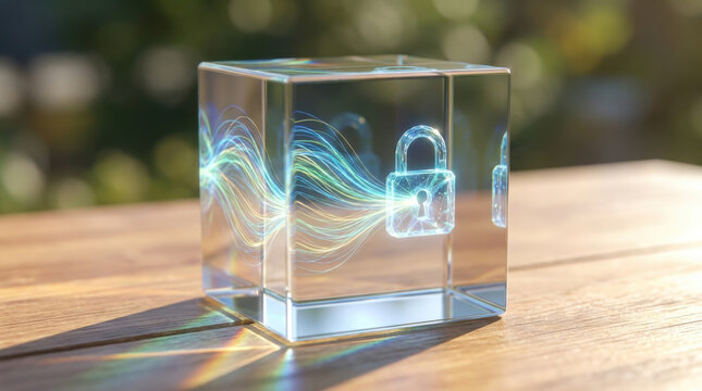 Transparent cube with padlock digital escrow release concept secure data flow glass block blockchain security smart contract encryption abstract