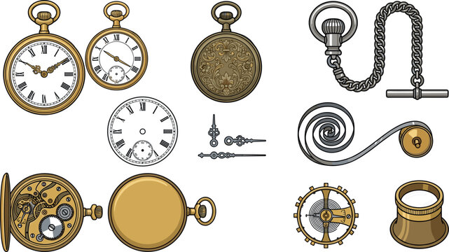 Vintage Pocket Watch Vector Icon Set with Antique Timepiece Movements Mechanical Gears Dial Faces Hands and Chain Elements for Steampunk History and Watchmaker Designs