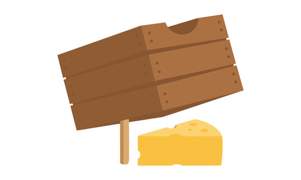 Simple wooden crate mouse trap with a yellow piece of swiss cheese isolated on a white background pest control concept
