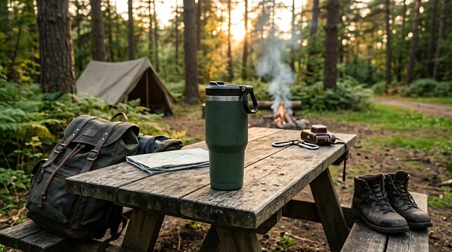 Black travel mug on a wooden picnic table with camping gear and a smoking campfire in the forest park. leak-resistant cups