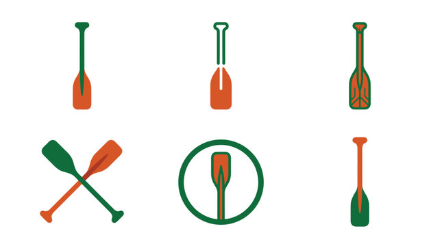 Set of canoe paddles and oars in various styles, graphic icons for water sports and adventure, green and orange color palette