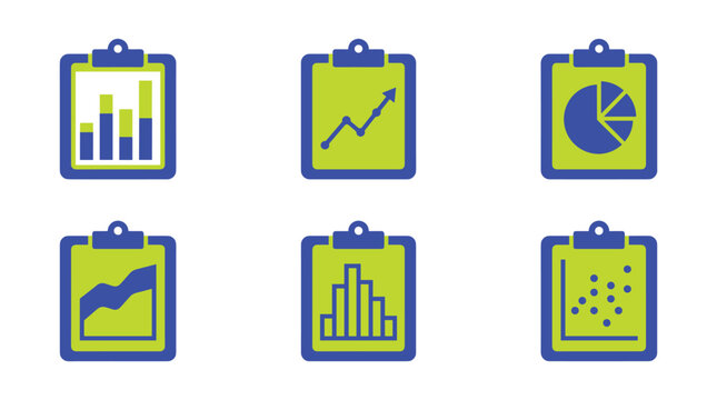 Set of six isolated chart icons on clipboards, including bar graphs, line charts, pie charts, and scatter plots, in blue and green, representing data analysis and business metrics