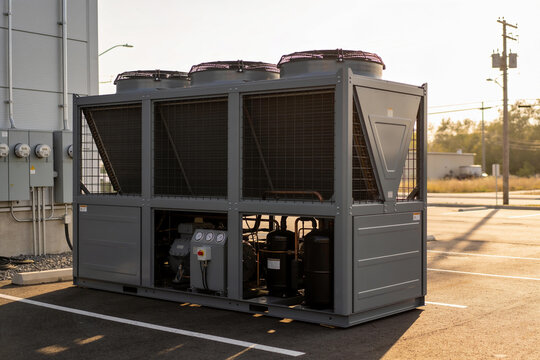 Industrial chiller unit with fans and compressors on a sunny day