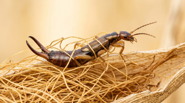Macro View of Brown Earwig Insect Crawling on Dry Plant Material