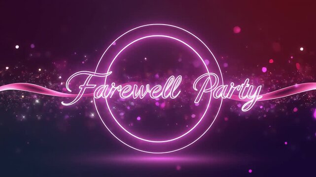 Farewell party neon sign with glowing circles and purple background