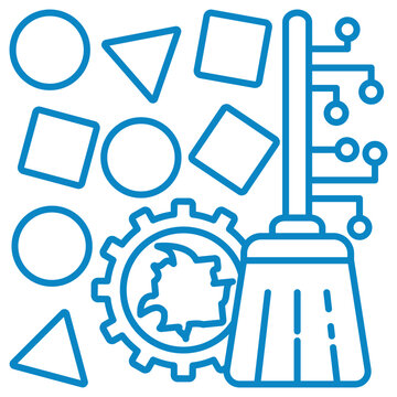 Data cleaning vector line icon. Tech broom with circuit handle sweeping noisy corrupted data from gear during preprocessing