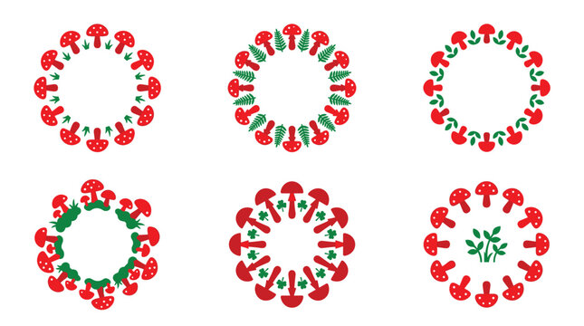 Set of six pixel art circular frames with mushrooms and leaves, folk art inspired borders for graphic design