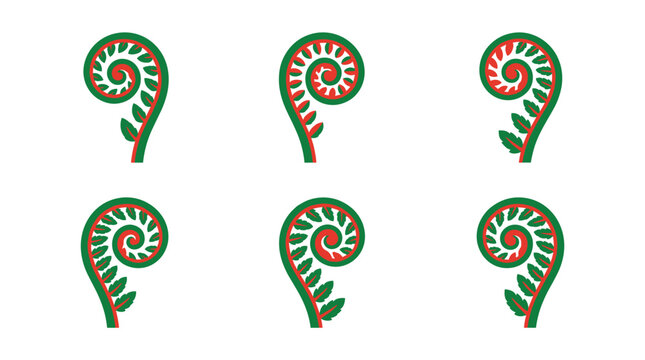 Six identical green and red fern unfurling spirals in a 3x2 grid on a white background, representing growth and nature