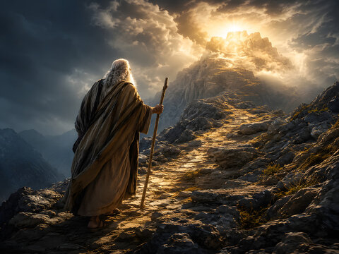 Biblical scene: Moses ascending Mount Sinai (Horeb) amidst divine light and clouds
