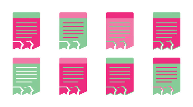 Set of eight flat icons representing notes or checklists in pink and green, with torn paper edges and pixelated detail