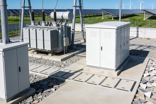 Renewable energy substation with solar panels and wind turbines in the background