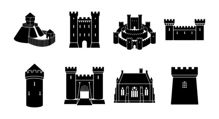 Fototapeta premium Medieval Castle Icons Set, Fortress Architecture Vector Collection, Royal Stronghold Silhouettes