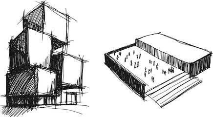 現代的な高層ビルと人々が歩き回る公共広場の手書き建築イラスト © Md