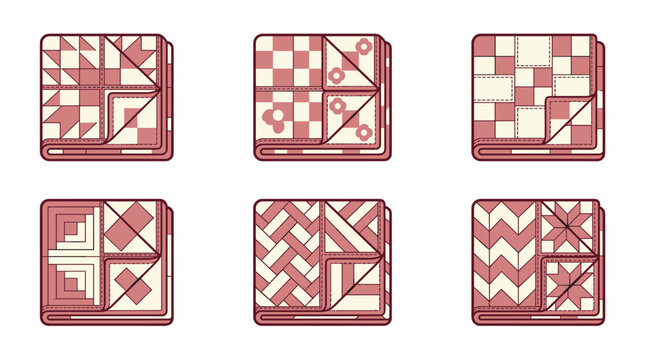 Six pixel art textile swatches featuring geometric patterns in a limited color palette of cream and muted rose, organized in a 2x3 grid