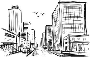高い超高層ビル、都市の建物、晴天を飛ぶ鳥が描かれた街路の手書きイラスト © Md