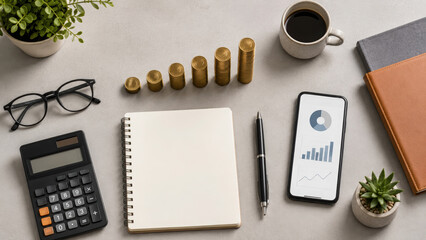 Naklejka premium Money management tips with calculator notebook pen smartphone coffee and plant on office desk for financial planning and saving