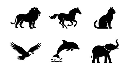 Animal Silhouettes Collection: Lion, Horse, Cat, Eagle, Dolphin, Elephant Icons © MdParvej