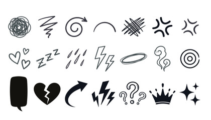 Fototapeta premium Comic book expression and hand drawn abstract doodle vector set. Cartoon symbols, anger vein, hearts, lightning, arrows, scribble marks, crown and emotion design elements.