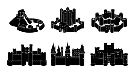 Medieval Castle Icons, Fortress Silhouettes, Historic Fortifications Vector Set © MdNurul