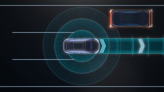 Top View Autonomous Car Sensors Monitoring Traffic Moving Left to Right