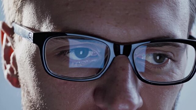 Close-up of male wearing black glasses with reflections in lenses, showing eyes focused on a screen, illuminated by soft light in a neutral background setting