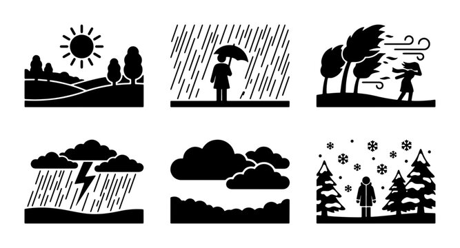 Weather Icons Set: Sunny, Rainy, Windy, Stormy, Cloudy, Snowy Conditions