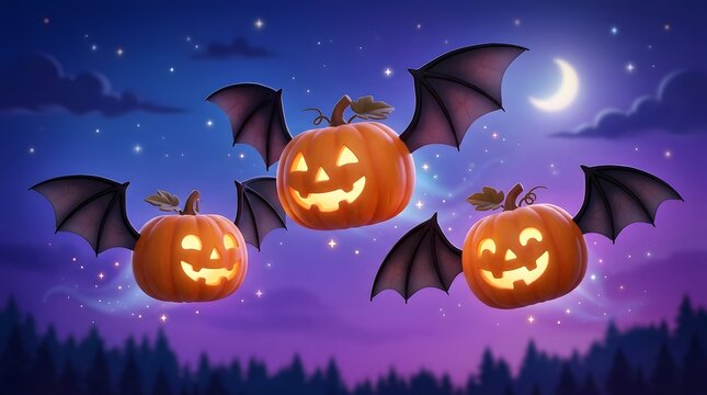 Flying Jack-O-Lantern Bats Illuminate Spooky Halloween Night Sky