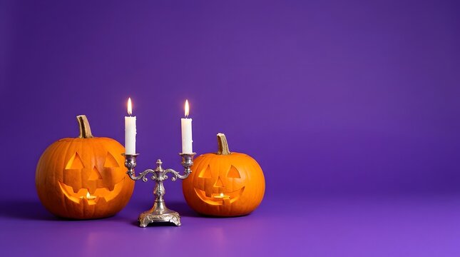 Two glowing Halloween pumpkins with elegant candle holder between