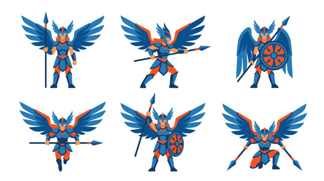 Set of six pixel art winged warriors, ready for battle with spears and shields, 8-bit retro game sprites, isolated on white