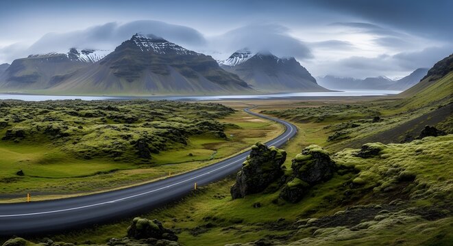 Scenic empty asphalt road curve running through beautiful highlands valley landscape