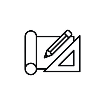 Technical drawing project with pencil and triangle ruler for architecture design drafting planning