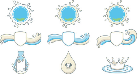 Fototapeta premium Fresh Milk Product Label and Logo Vector Template Set Featuring Liquid Splashes Cream Crowns Bottles Shields and Cow Head Icons for Dairy Branding
