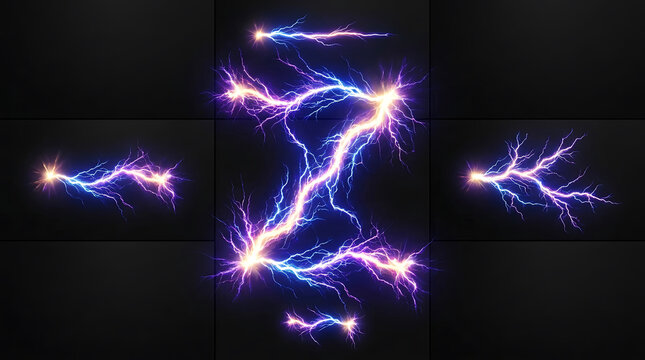 Electric lightning discharge set on dark background with lightning electricity discharge electric abstract conductive isolated phenomenon