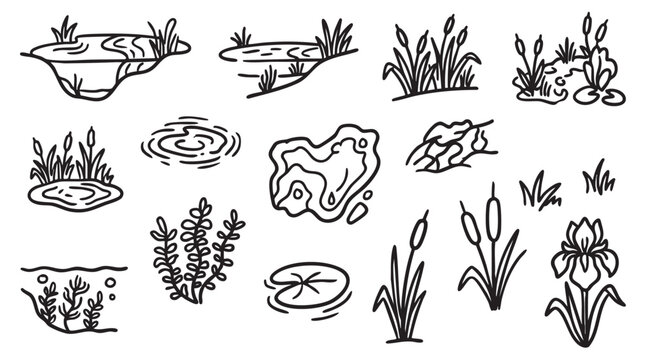 Set of 12 outline doodle icons showing different types of ponds, swamp, marshland plants and water features.
