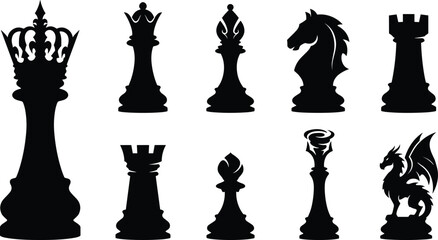Chess Pieces Silhouette Collection with Classic and Fantasy Game Black Vector Icon Set © MstKhairun