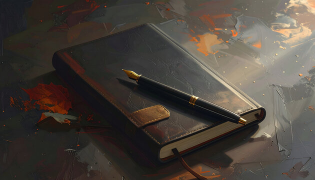 A leather-bound journal and fountain pen rest on a painterly, neutral-toned surface