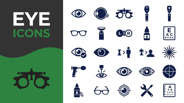 A collection of dark blue ophthalmology icons representing eye health diagnostic equipment and vision correction tools on white background