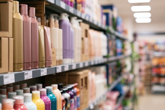 The Bottles on Store Shelves Displaying Colorful Cosmetic Shampoos and Conditioners