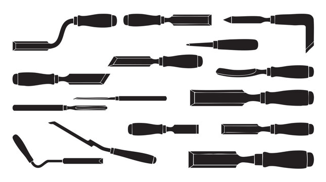 Professional woodworking chisels and carpentry hand tools silhouettes.